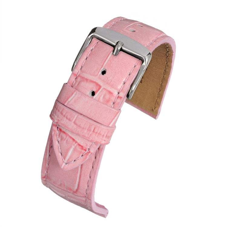 Pastel alligator grain watch strap with stainless steel buckle in soft pink, lightly padded for comfort.