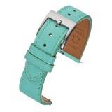 Saffiano leather watch strap in turquoise with textured surface and silver buckle.