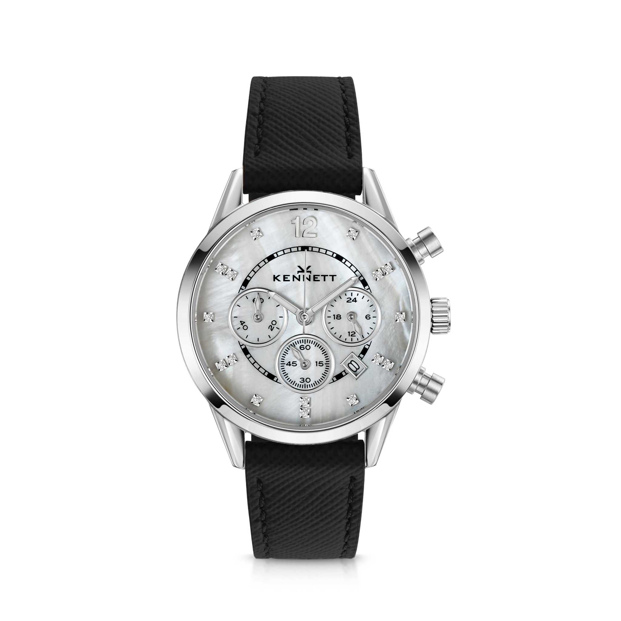 Kennett Lady Savro Watch White Mother of Pearl Dial Leather Strap in Black Saffiano Leather