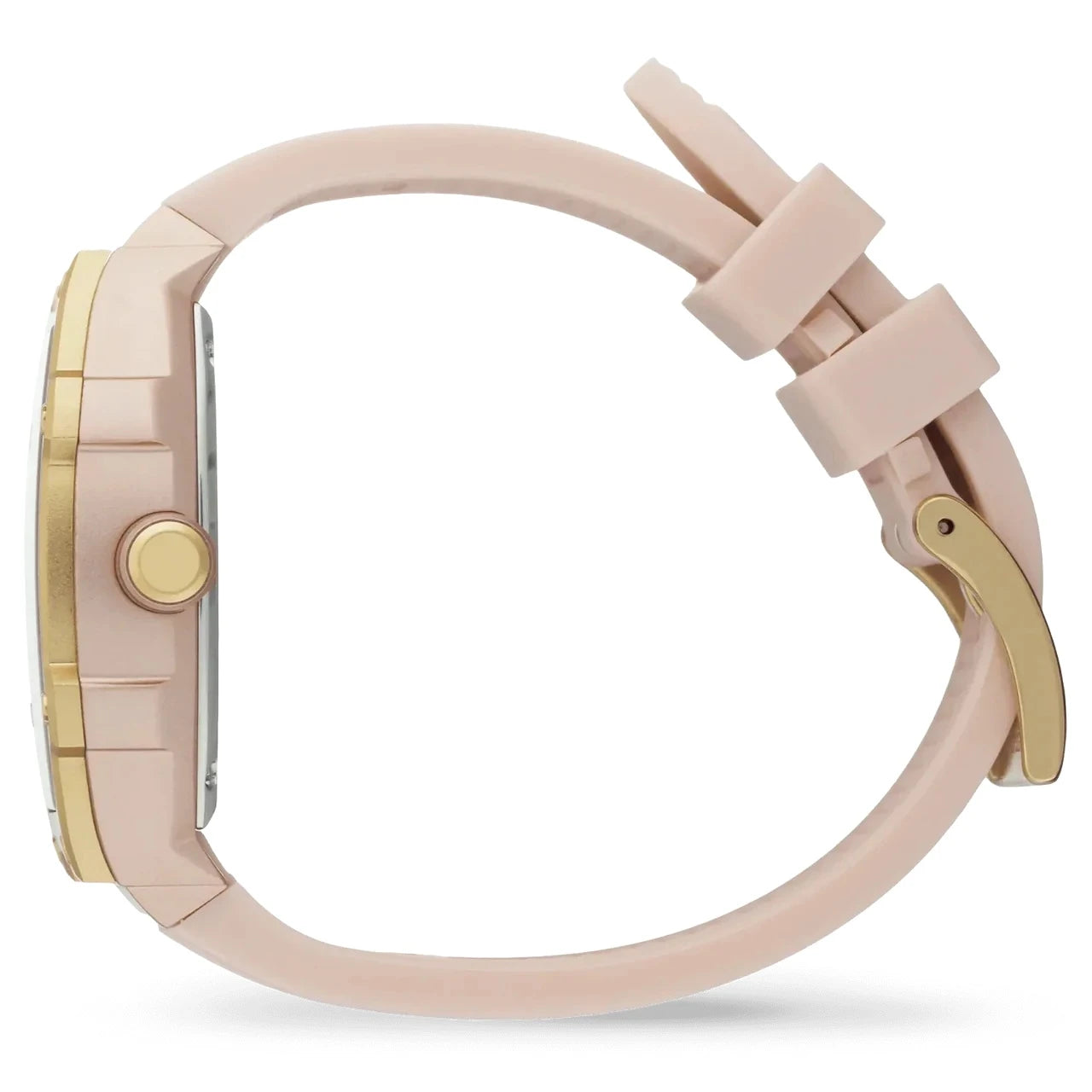 Creamy nude ladies watch with rose gold-plated case and silicone strap, side view.