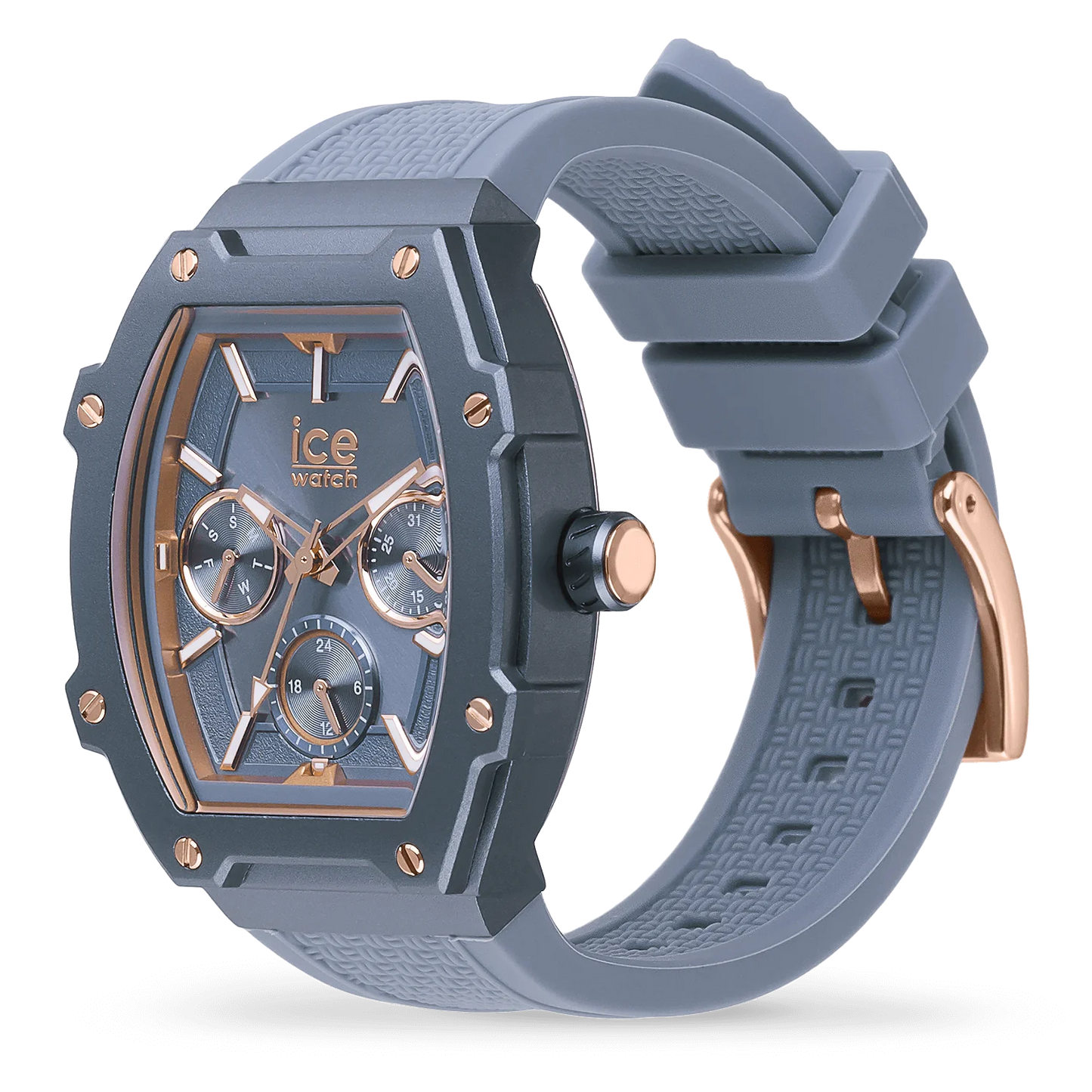 Horizon Blue watch with rose gold-plated case, multifunction Miyota movement, and silicone strap.