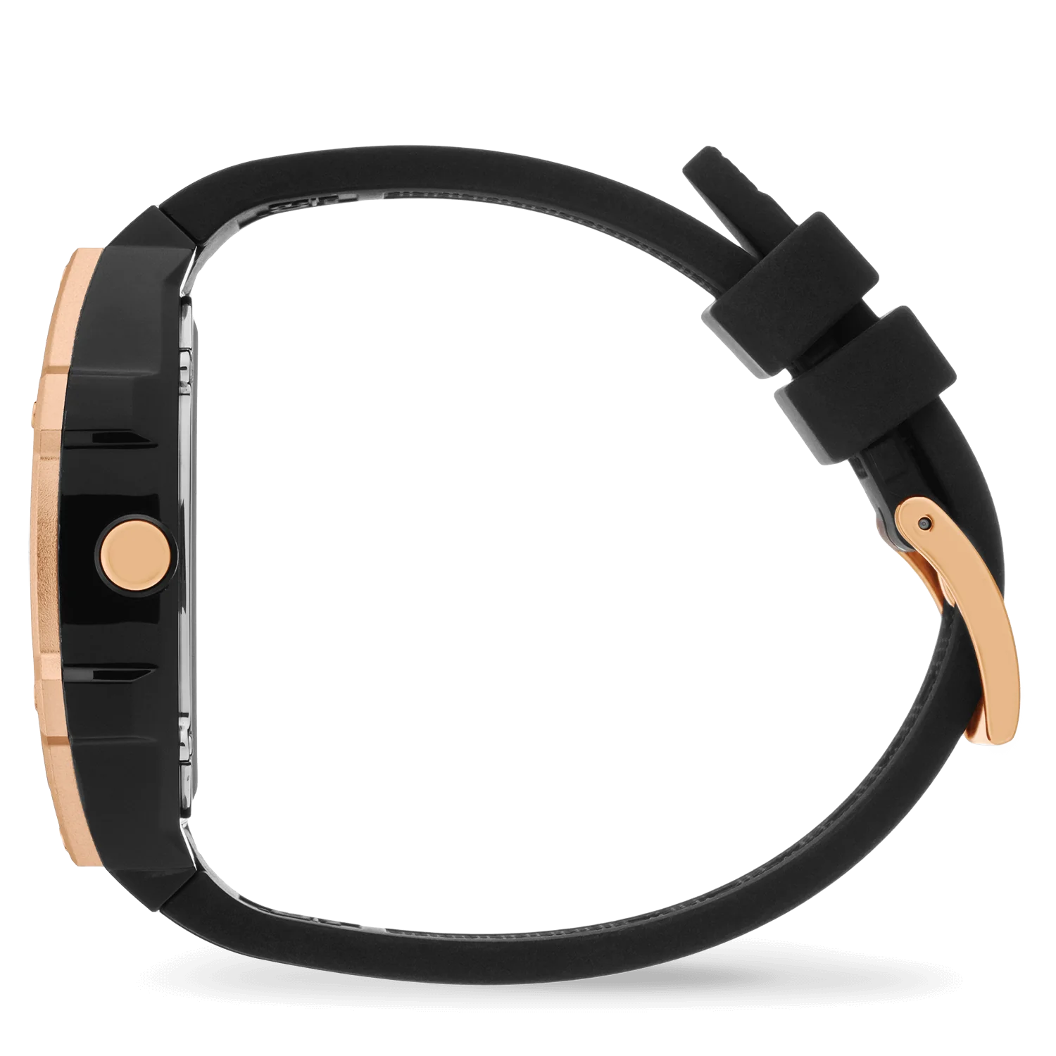 ICE Boliday black rose-gold dial ladies watch with plastic strap, side view.