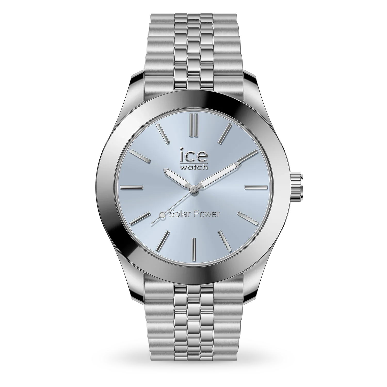 ICE steel Watch solar Silver Light Blue 023789 with sky-blue dial and silver bracelet.