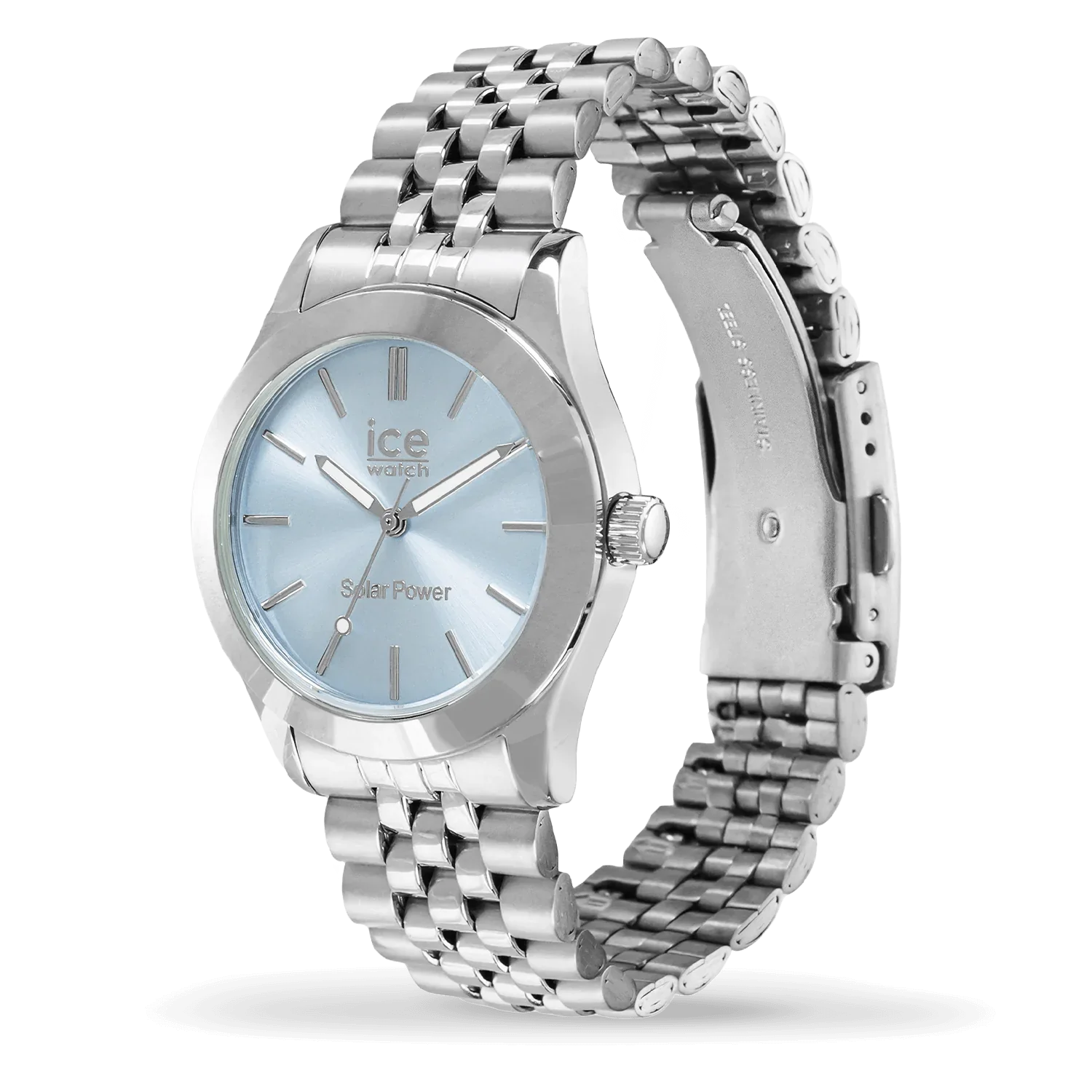ICE steel Watch solar Silver Light Blue 023789 with sky-blue dial and silver bracelet.