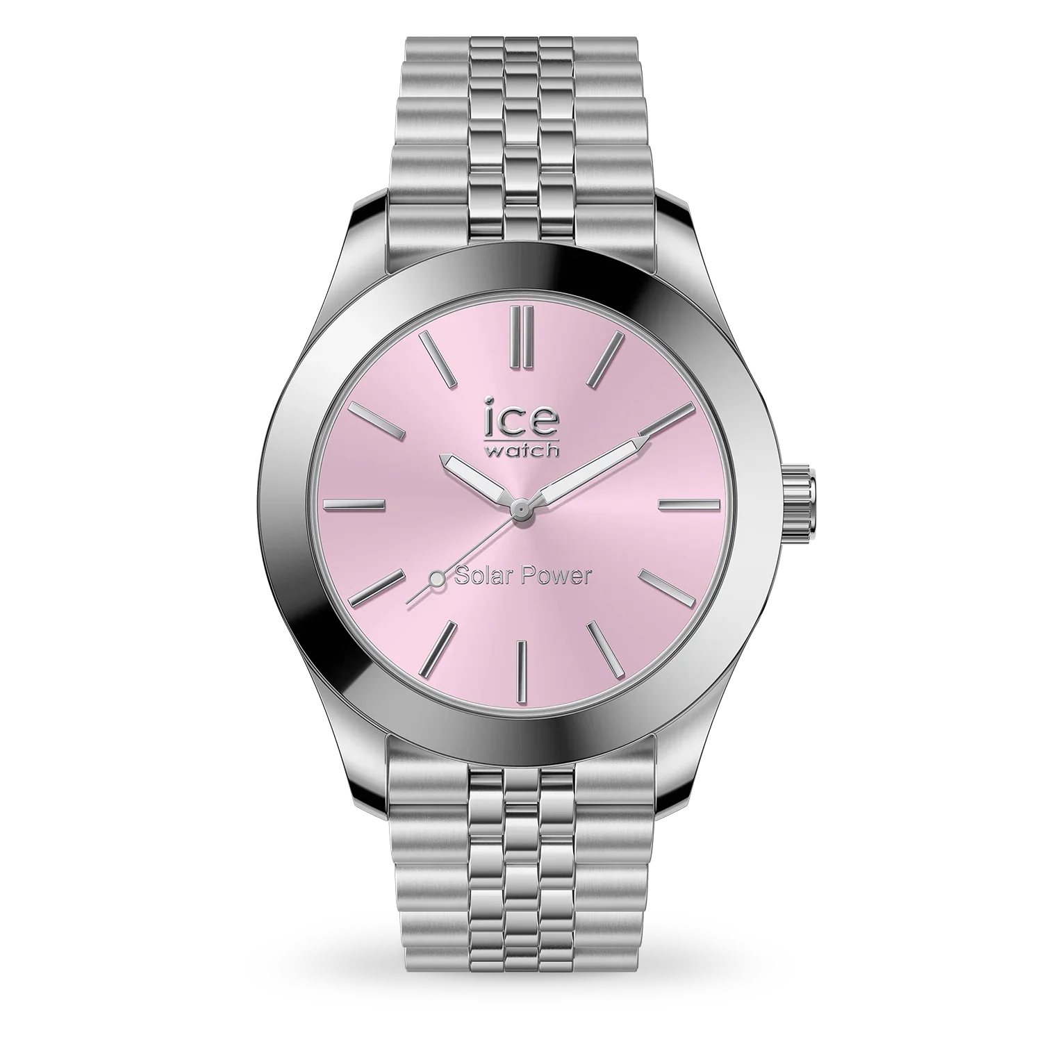 ICE steel solar-powered watch with silver case and bracelet, pink dial, model 023790.