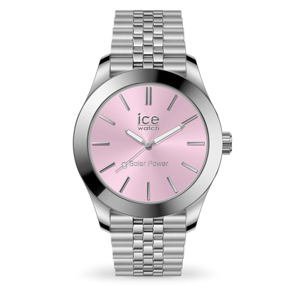 ICE steel solar-powered watch with silver case and bracelet, pink dial, model 023790.