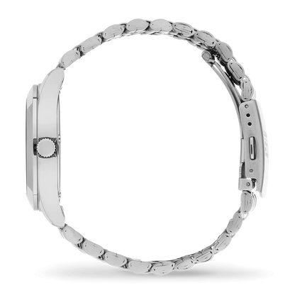 ICE steel solar watch with silver case and bracelet, light pink dial, side view.