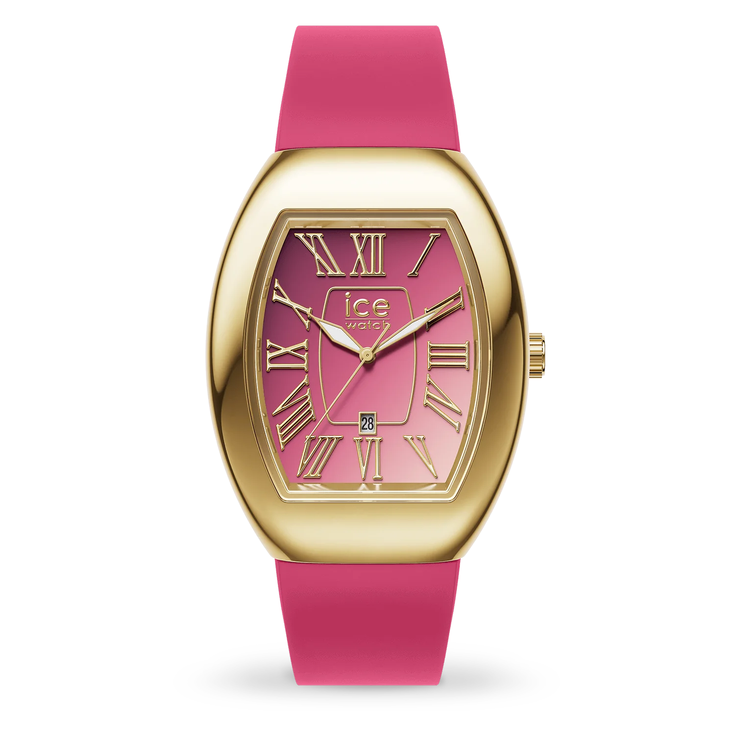 Small pink gold watch with gradient pink dial, gold-tone hands, pink silicone strap; ICE Boliday Dome Ladies 024050.
