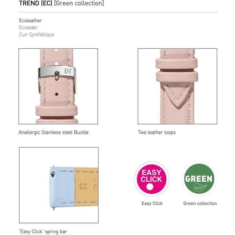 Morellato Trend vegan leather strap with easy click spring bars, pastel color, nappa grain texture, square padded with tonal stitching.
