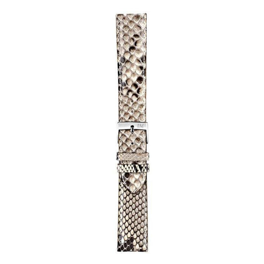 Handmade Italian luxury Morellato Celine polished python watch strap in grey and white tones.
