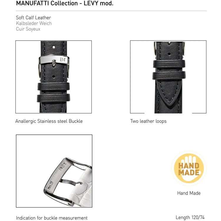 Morellato Levy Soft Calfskin Leather Watch Strap with stainless steel buckle and two leather loops, handmade for elegance and comfort.