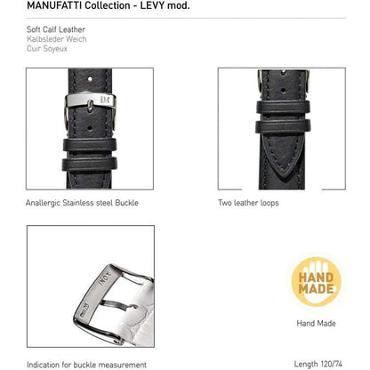 Morellato Levy Soft Calfskin Leather Watch Strap with stainless steel buckle and two leather loops, handmade for elegance and comfort.