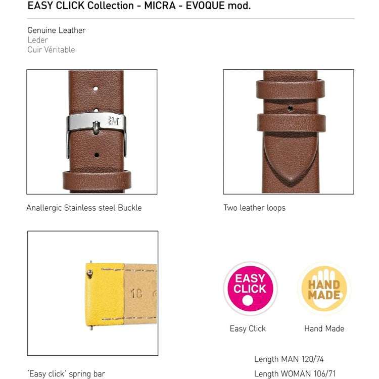 Morellato Evoque Easy Click brown calf leather strap with stainless steel buckle and minimalist design.