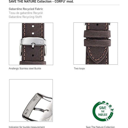 Morellato Corfu recycled fabric watch strap with polished steel buckle, eco-friendly and stylish.