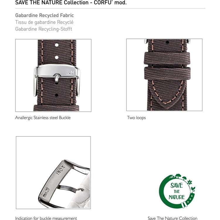 Morellato Corfu recycled fabric watch strap with polished steel buckle, eco-friendly and stylish.