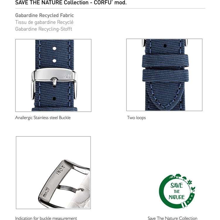 Morellato Corfu sustainable watch strap with recycled gabardine-style fabric and polished steel buckle.