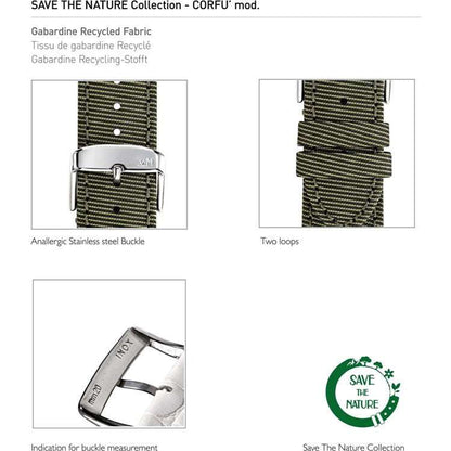 Sustainable recycled fabric watch strap with polished steel buckle.