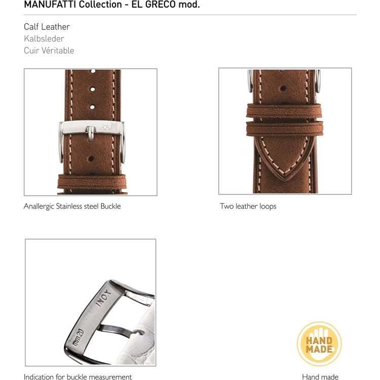Morellato El Greco rustic calfskin leather watch strap with cream stitching and stainless steel buckle.