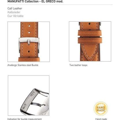 Morellato El Greco rustic calfskin leather strap with cream stitching and stainless steel buckle.