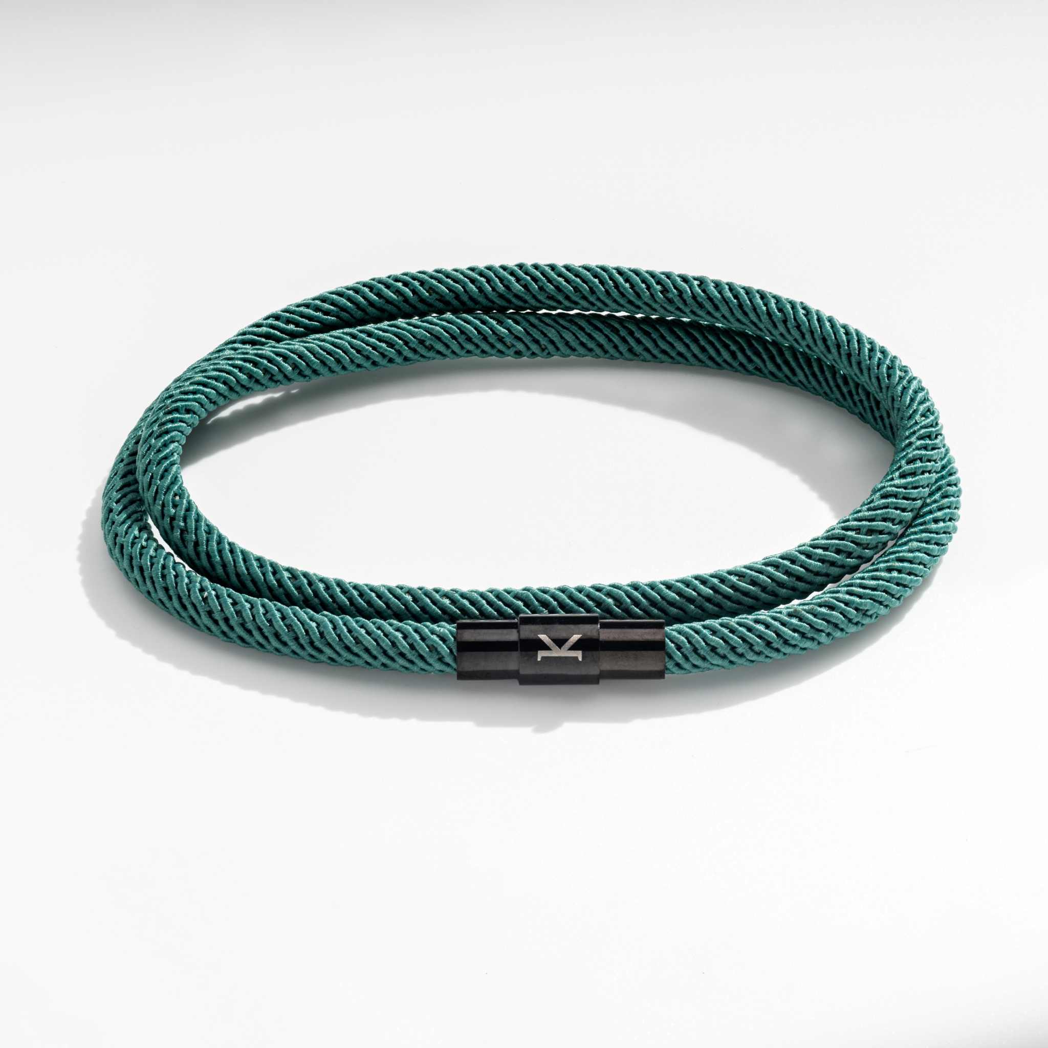 Teal Green Antibes double wrap rope bracelet with black clasp.