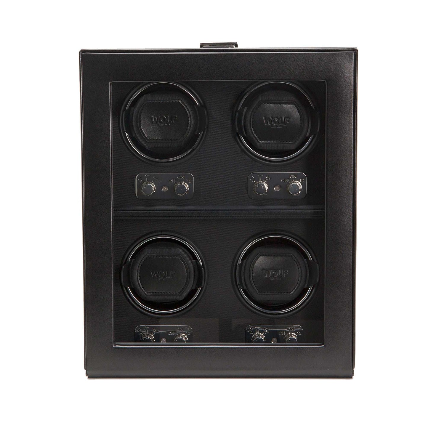 Wolf Heritage 4 Piece Watch Winder 270602 with 4 winding modules, black faux leather, glass cover, and chrome hardware.
