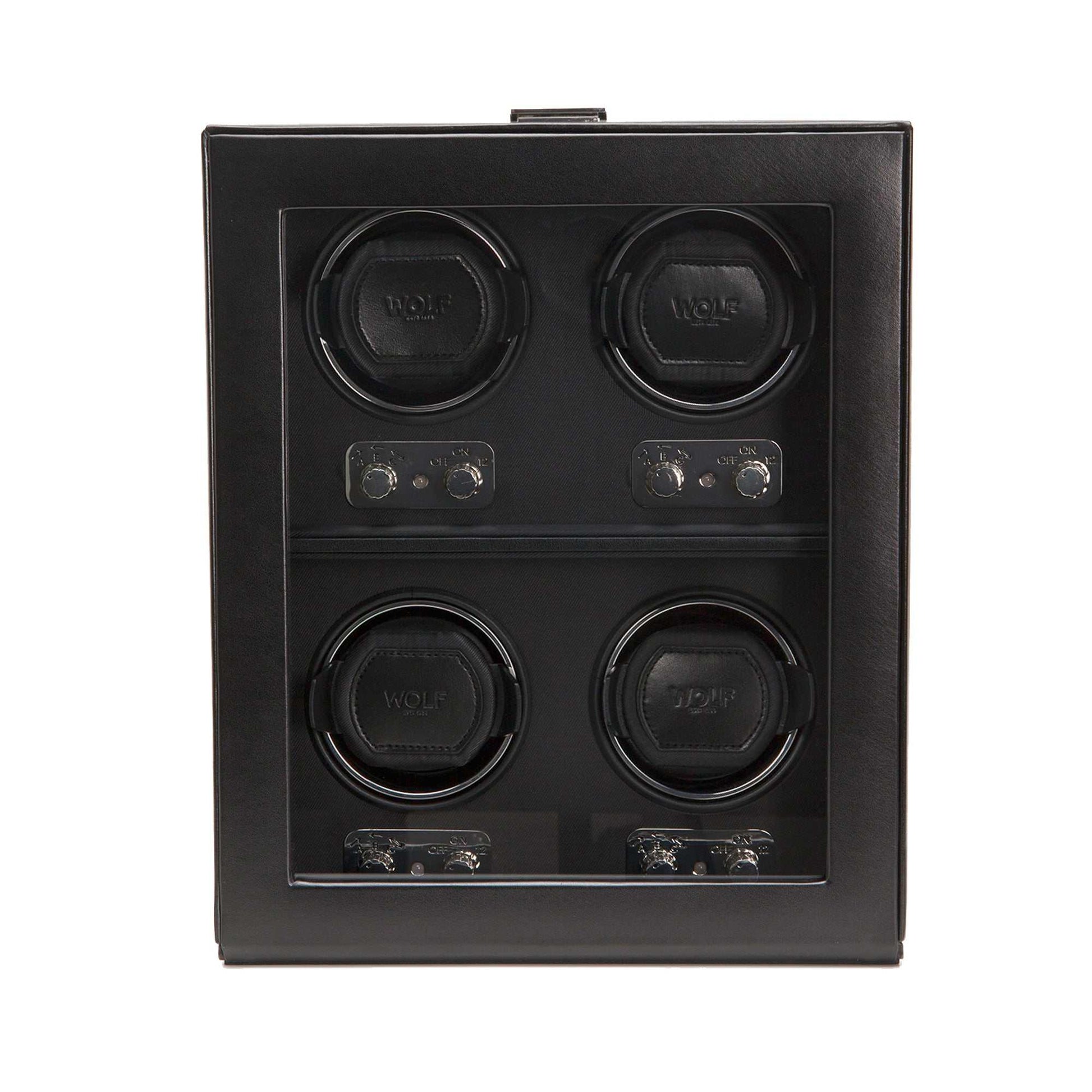 Wolf Heritage 4 Piece Watch Winder 270602 with 4 winding modules, black faux leather, glass cover, and chrome hardware.