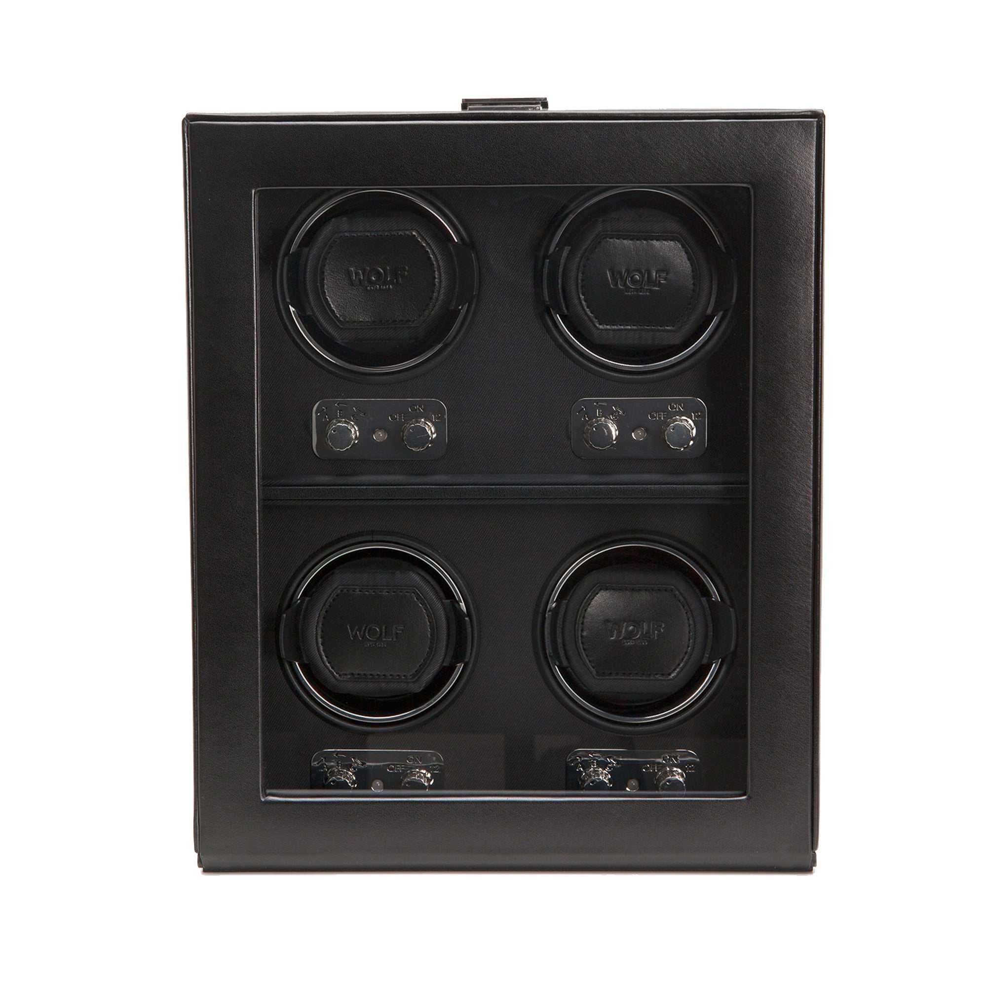Wolf Heritage 4 Piece Watch Winder 270602 with 4 winding modules, black faux leather, glass cover, and chrome hardware.