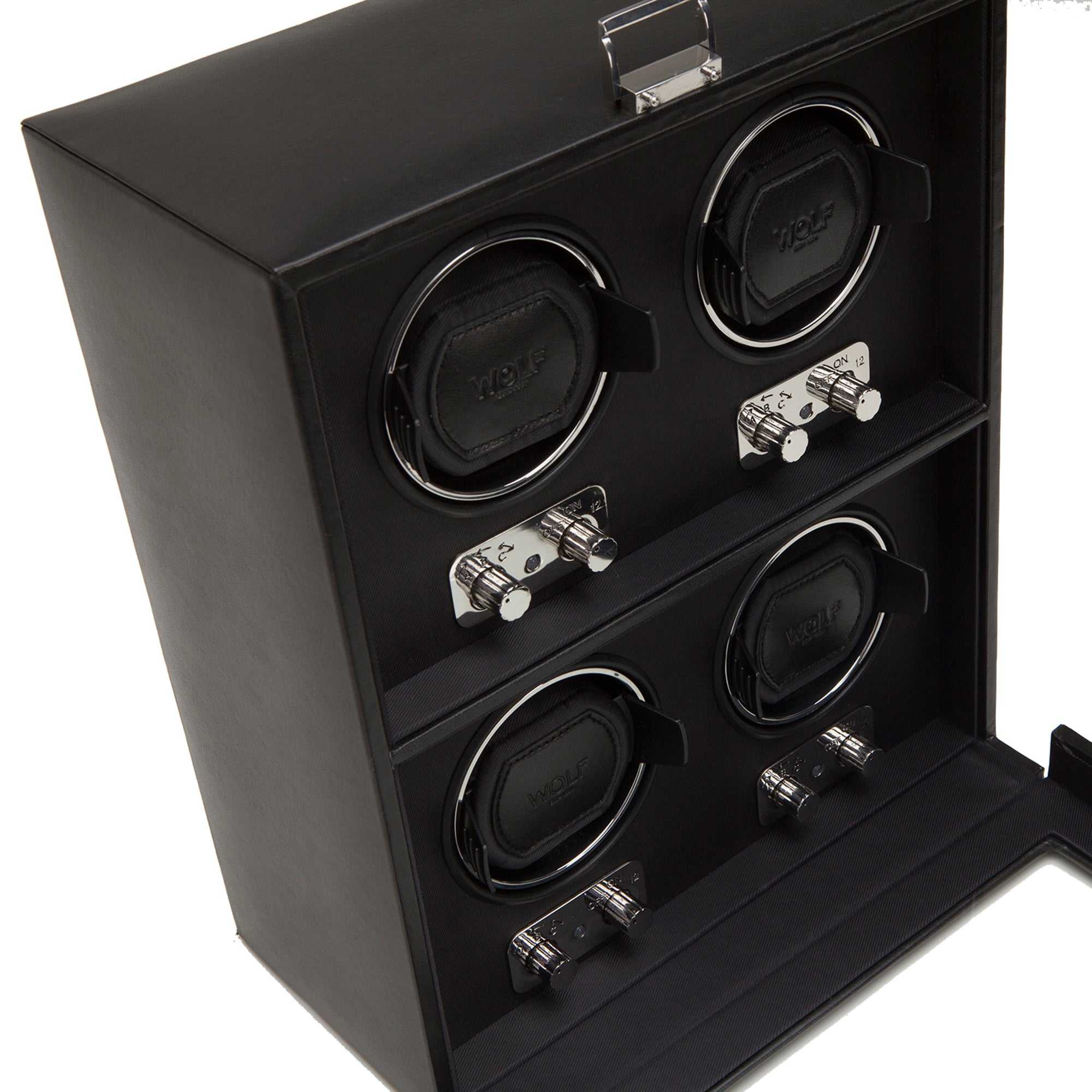 Wolf Heritage 4 Piece Watch Winder with 4 winding modules, black faux leather, and chrome hardware.