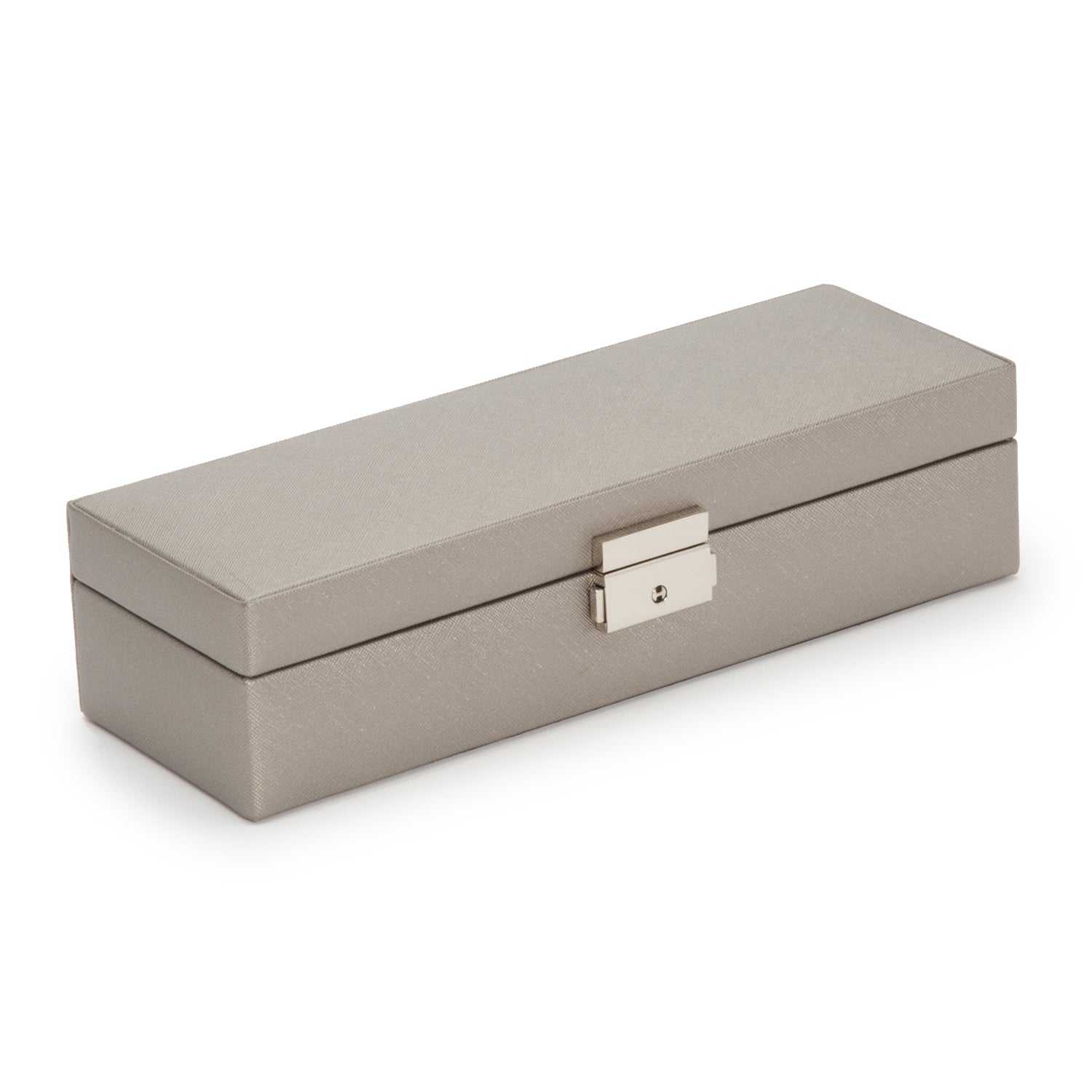 Jewellery BoxWolf Heritage Safe Deposit Jewellery Box Pewter Saffiano 280334Introducing the Wolf Heritage Safe Deposit Jewellery Box in Pewter Saffiano (Model 280334) – a pinnacle of classic style and functional design, providing a secure ha