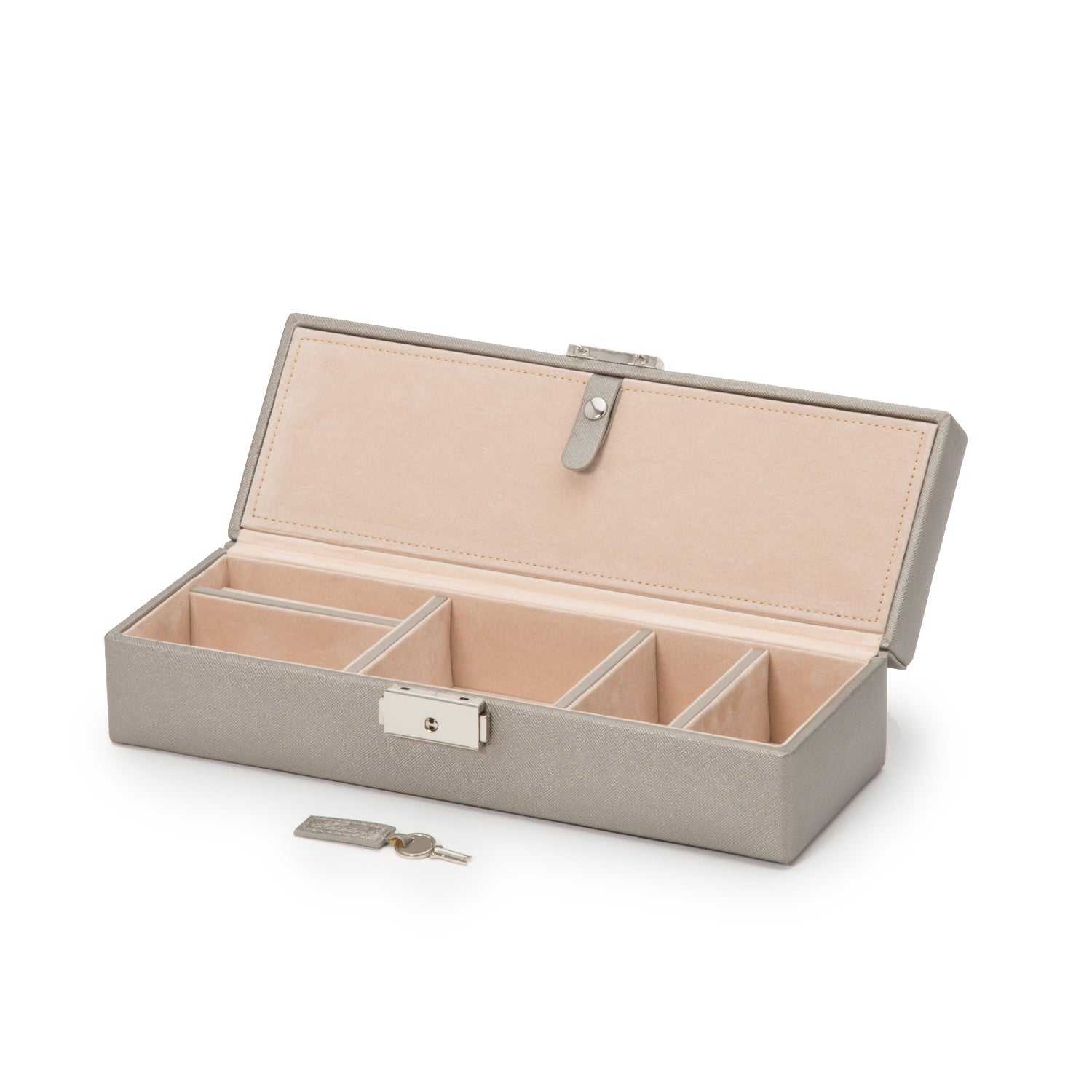 Jewellery BoxWolf Heritage Safe Deposit Jewellery Box Pewter Saffiano 280334Introducing the Wolf Heritage Safe Deposit Jewellery Box in Pewter Saffiano (Model 280334) – a pinnacle of classic style and functional design, providing a secure ha