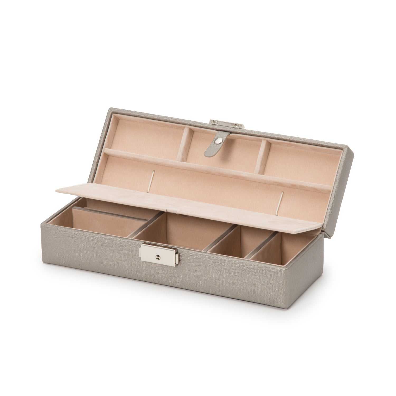 Jewellery BoxWolf Heritage Safe Deposit Jewellery Box Pewter Saffiano 280334Introducing the Wolf Heritage Safe Deposit Jewellery Box in Pewter Saffiano (Model 280334) – a pinnacle of classic style and functional design, providing a secure ha