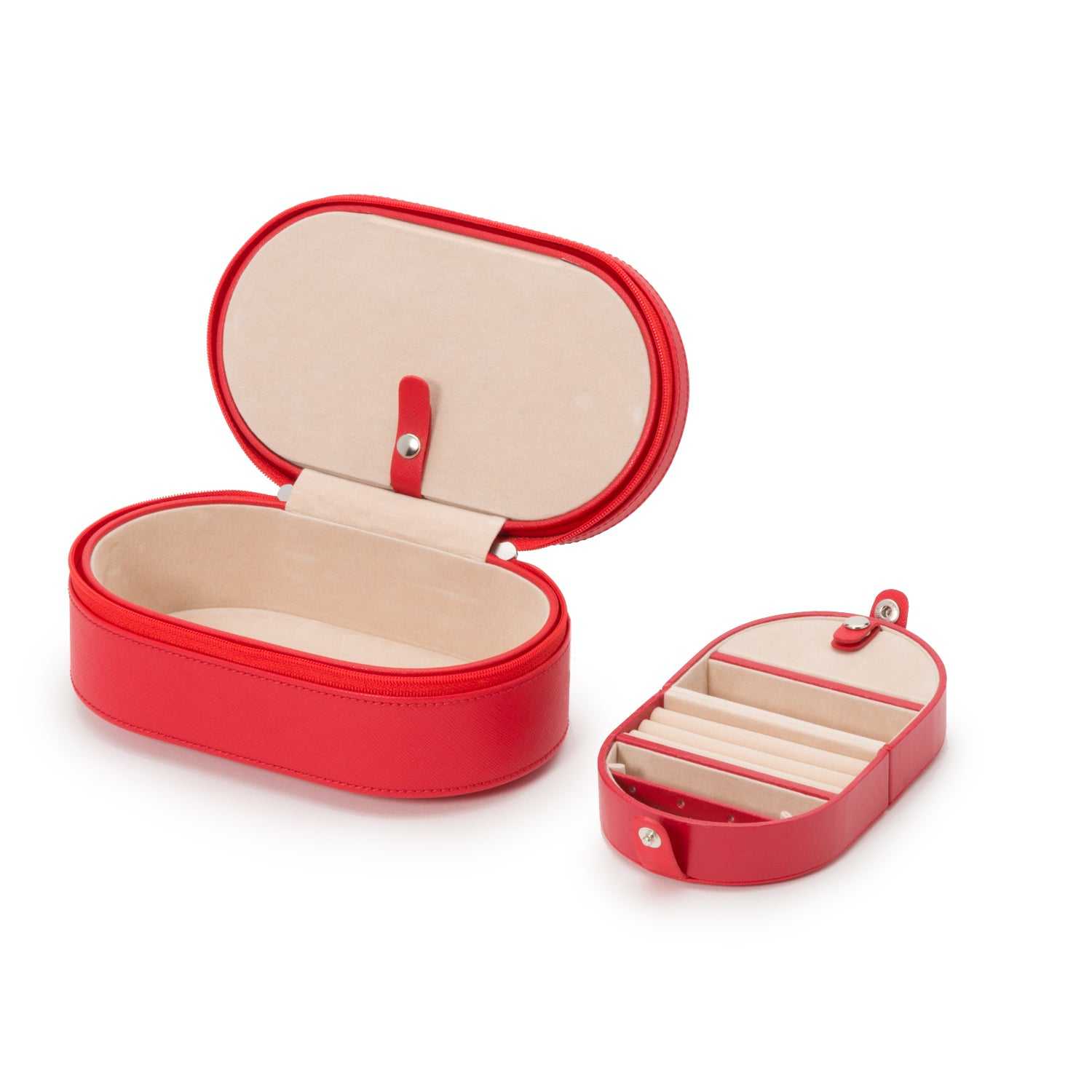 Jewellery BoxWolf Heritage Oval Zip Case Jewellery Box Red Saffiano 280614Introducing the Wolf Heritage Oval Zip Case Jewellery Box in Red Saffiano (Model 280614) – a fusion of classic style and functional ingenuity. Elevate your jewelry s