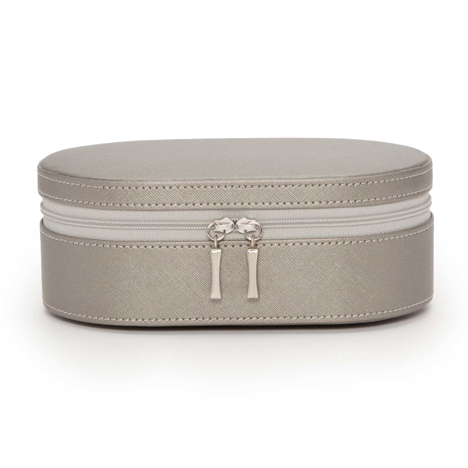 Jewellery BoxWolf Heritage Oval Zip Case Jewellery Box Pewter Saffiano 280634Introducing the Wolf Heritage Oval Zip Case Jewellery Box in Pewter Saffiano (Model 280634) – a harmonious blend of classic style and functional design. This excepti