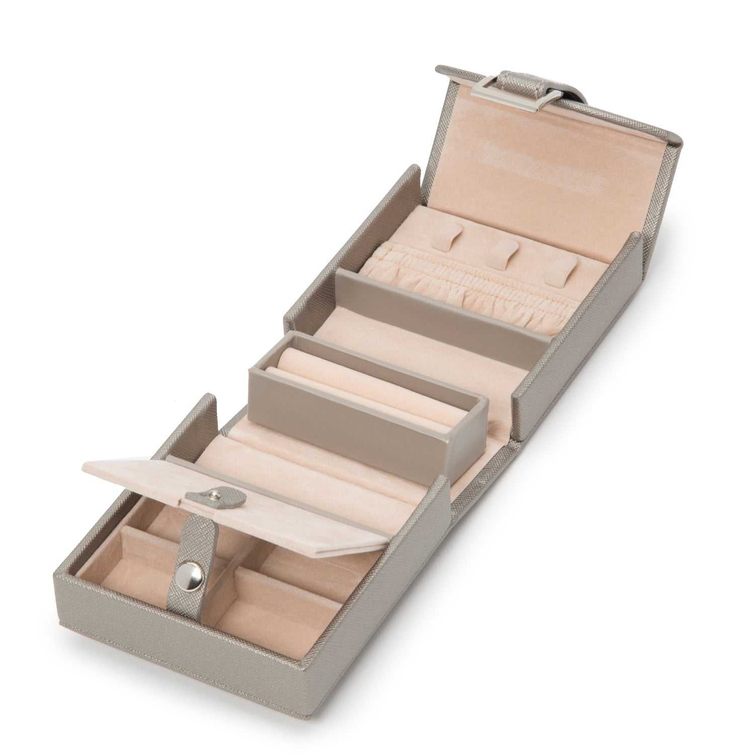 Jewellery BoxWolf Heritage Fold-Out Travel Pewter Saffiano Jewellery Box 281234Introducing the Wolf Heritage Fold-Out Travel Pewter Saffiano Jewellery Box – where classic design meets vibrant elegance in a chic pewter finish. Elevate your jewel