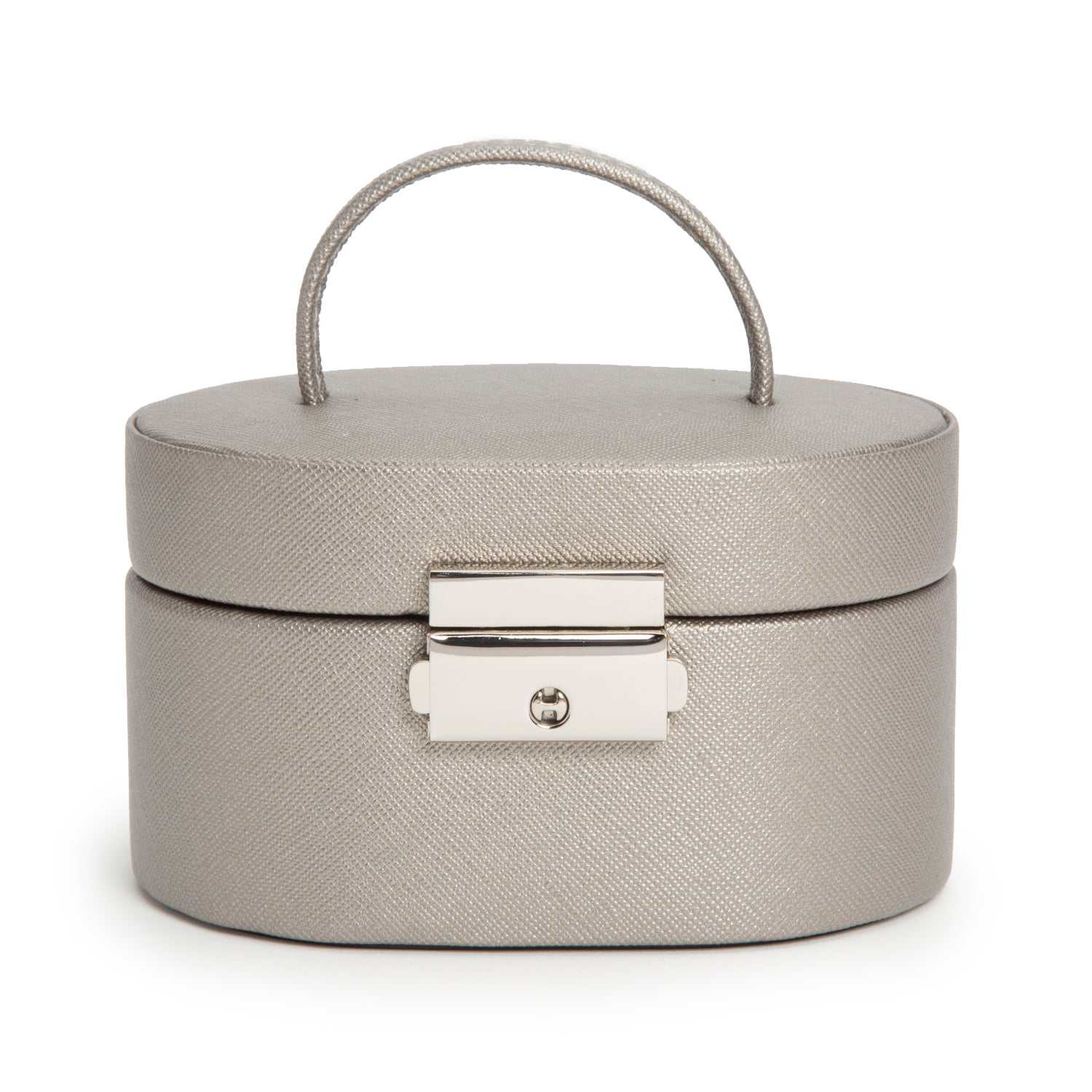 Jewellery BoxWolf Heritage Mini Oval Jewellery Box Pewter Saffiano 281434Introducing the Wolf Heritage Mini Oval Jewellery Box in Pewter Saffiano (Model 281434) – a compact masterpiece within the esteemed Heritage Collection. This mini ov