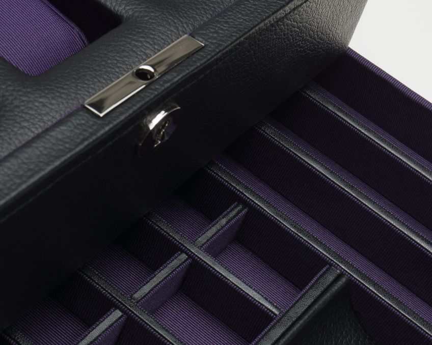 Wolf Heritage Windsor 10 Piece Watch Box in black and purple vegan leather with elegant storage compartments and locking glass cover.