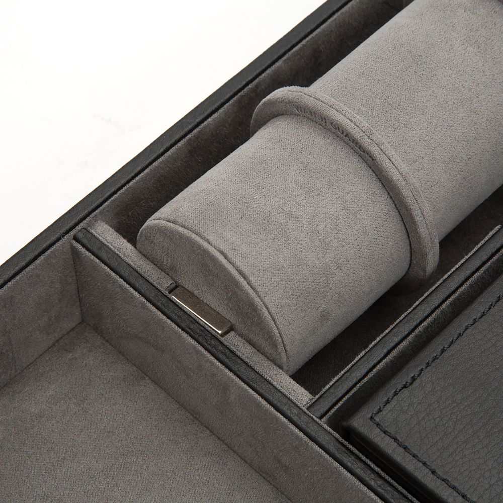 Wolf Howard Valet Tray With Roll Black 465103 featuring pebble leather exterior and ultrasuede interior with storage compartments.