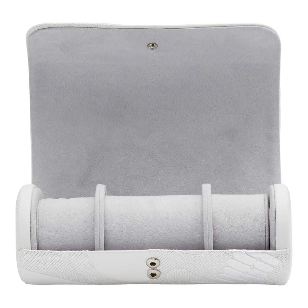 White Wolf Memento Mori Triple Watch Roll with skull embroidery, vegan leather, ultrasuede lining, snap closure, and jewelry capsule.