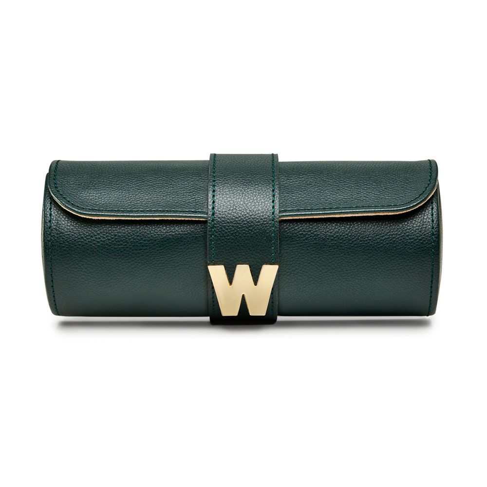 Green wolf designs watch case; ideal for travel, featuring bold W WOLF emblem on clasp.
