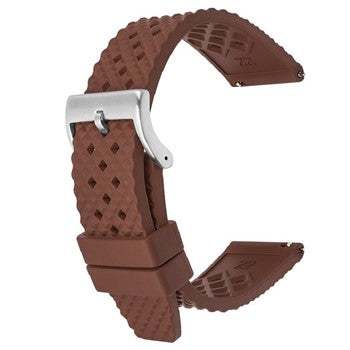 Brown premium FKM rubber watch strap with a tactile grid texture and brushed steel pin buckle.