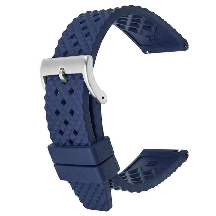 Premium FKM rubber watch strap with brushed steel pin buckle, featuring a blue tactile grid texture for enhanced breathability and durability.