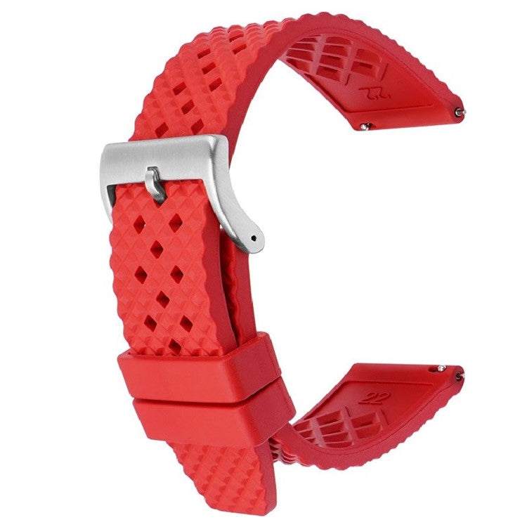 Red FKM rubber watch strap with grid texture and brushed steel buckle.