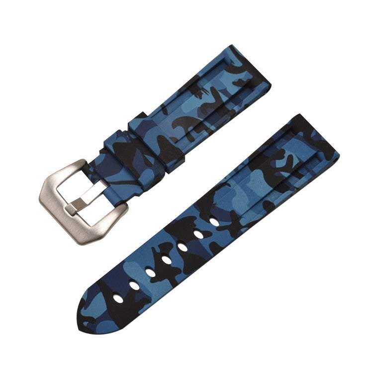 Blue camo pattern silicone watch strap with military-inspired design.