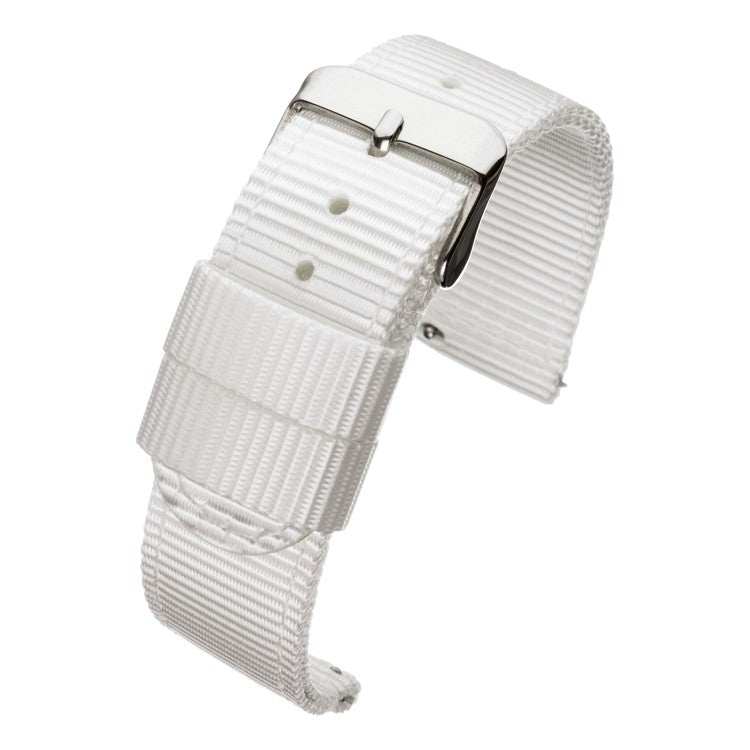 Durable white nylon watch strap with quick-release and polished square steel buckle, ideal for active lifestyles.
