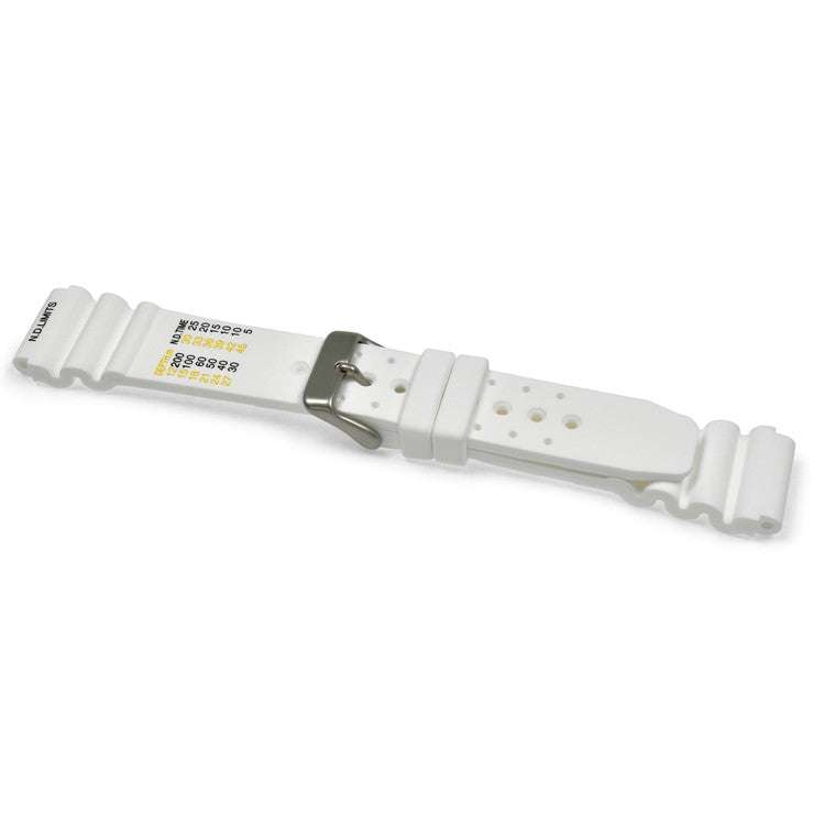 White ND Limits Polyurethane Diver Watch Strap with stainless-steel buckle, featuring ND limit markings and accordion section for secure fit