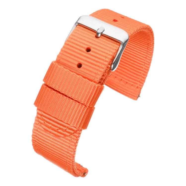 Orange quick release nylon watch strap with polished square steel buckle.