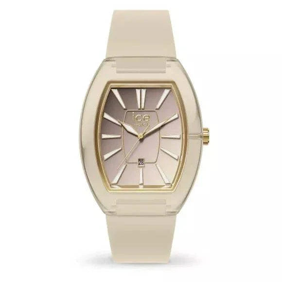 ICE Boliday Dome Almond Skin Sunset Watch 024039 with gradient brown-to-white dial, beige strap, and gold-tone accents.