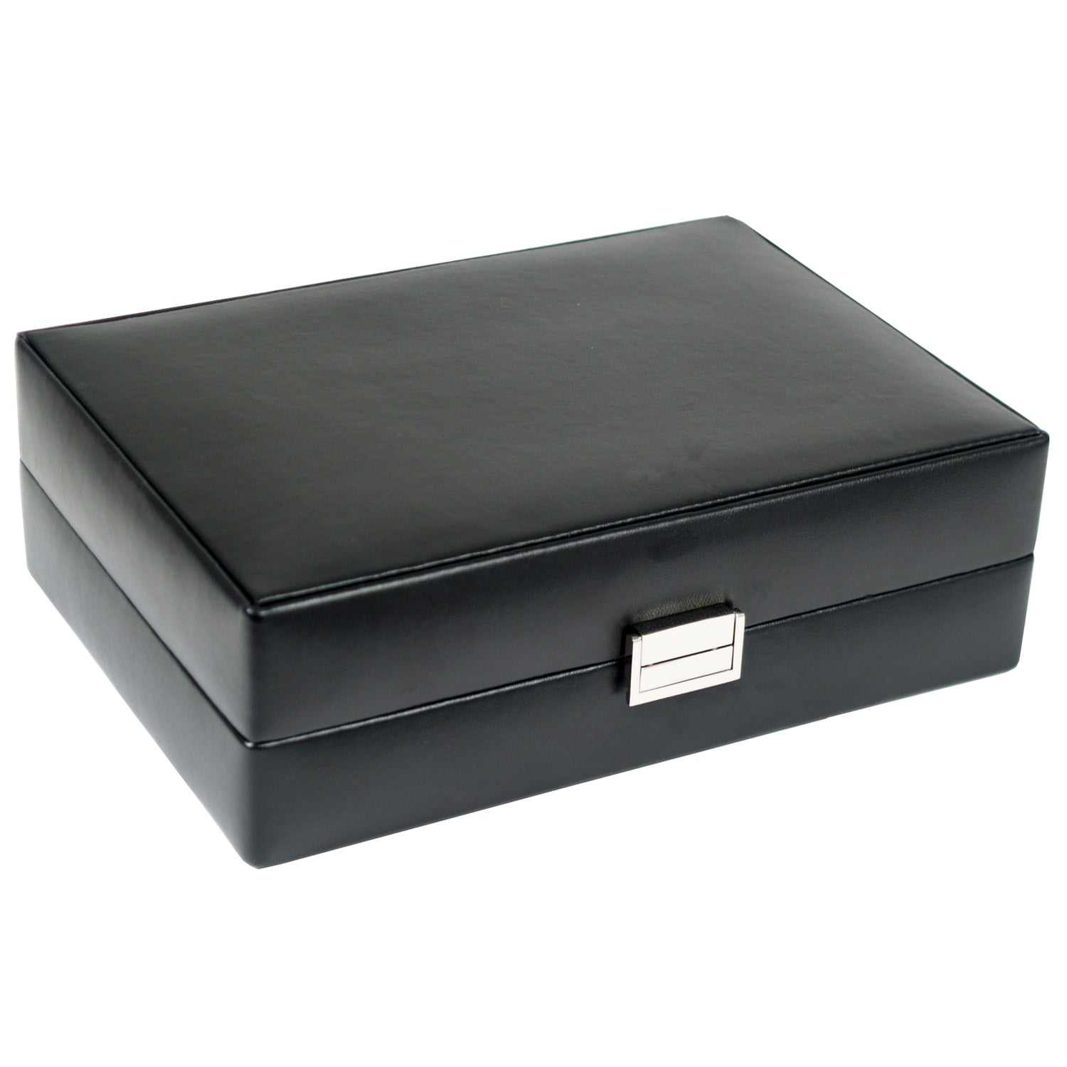 Heritage 4 Piece Watch Box with Valet 99505 in black vegan leather with chrome-finish latch.