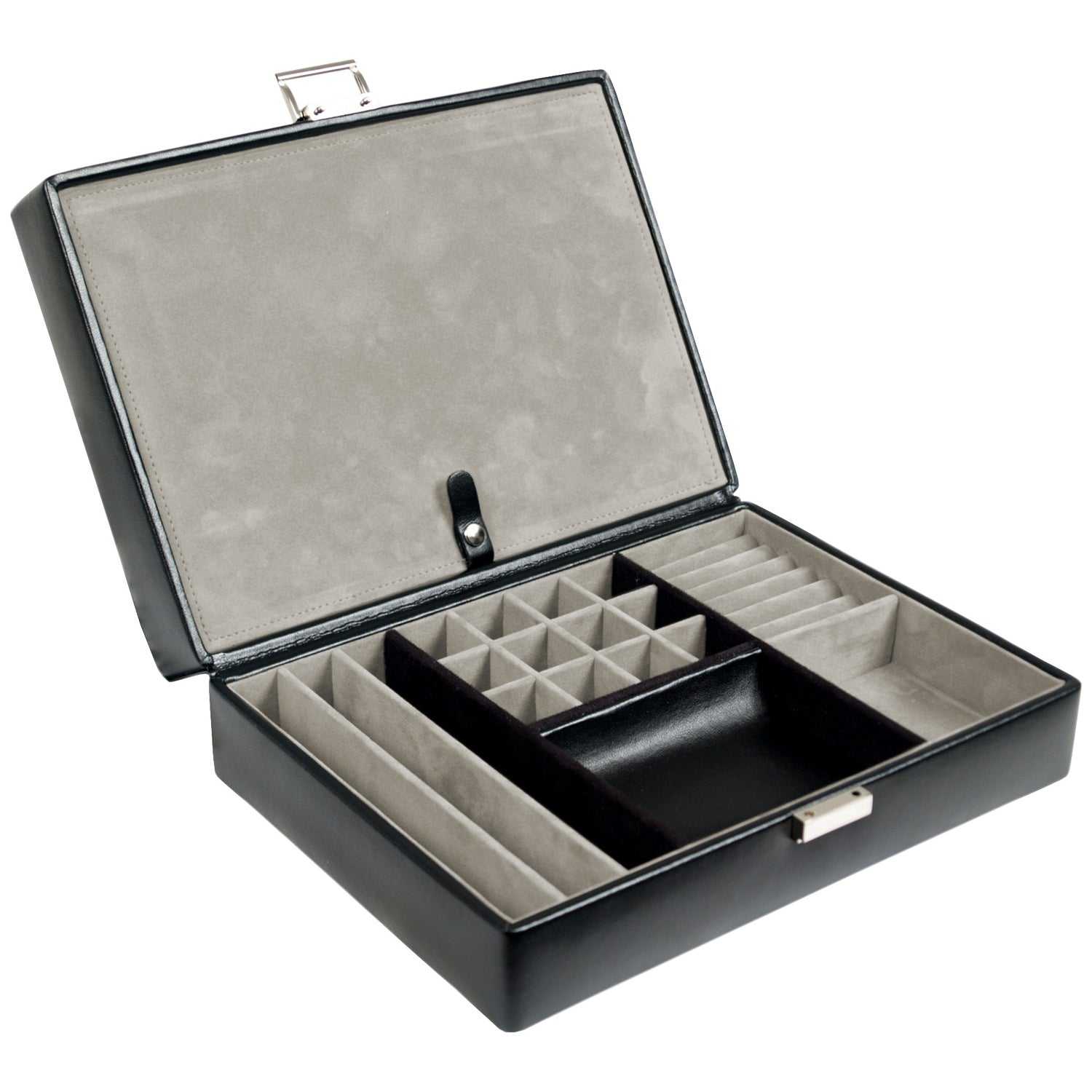 Heritage 4 Piece Watch Box with Valet, elegant black vegan leather case with multiple compartments for watches and jewelry.