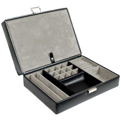 Heritage 4 Piece Watch Box with Valet, elegant black vegan leather case with multiple compartments for watches and jewelry.